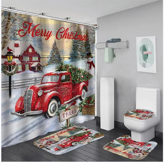 4PCS Christmas Bathroom Shower Curtain Set Snowman Santa Claus Printed Waterproof Shower Curtain Toilet Cover Mat Non Slip Rugs