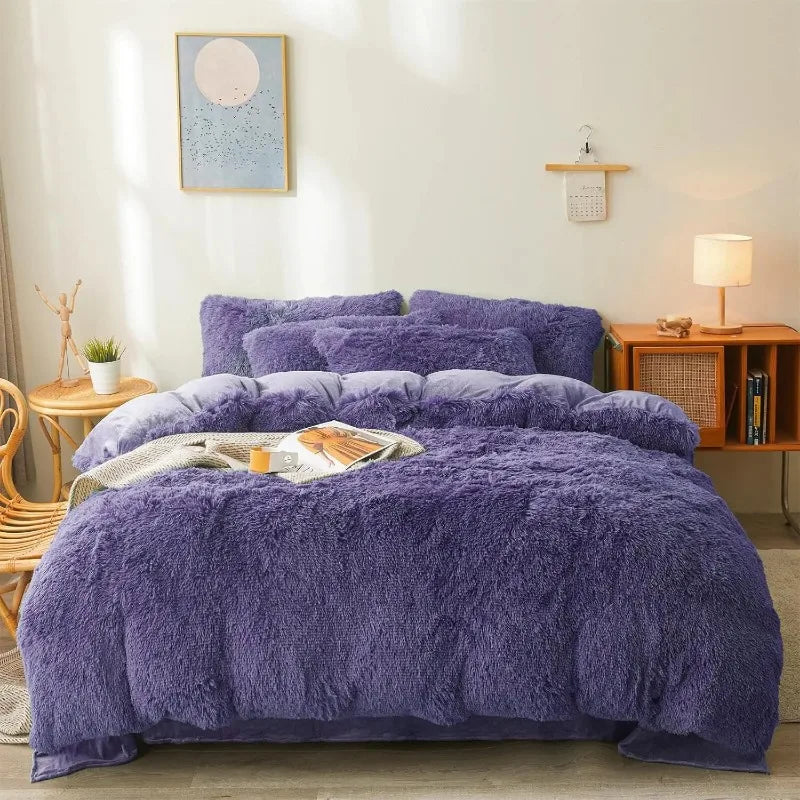Ultra Soft Black Faux Fur 3 Piece Queen Comforter Set - Plush Fluffy Bedding With Duvet Cover and 2 Pillowcases