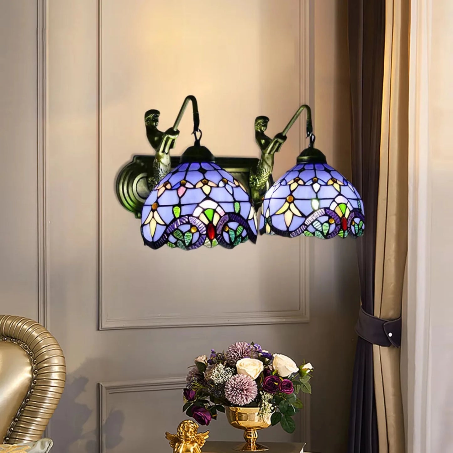 US Blue Tiffany Style Mermaid Stained Glass Wall Sconce