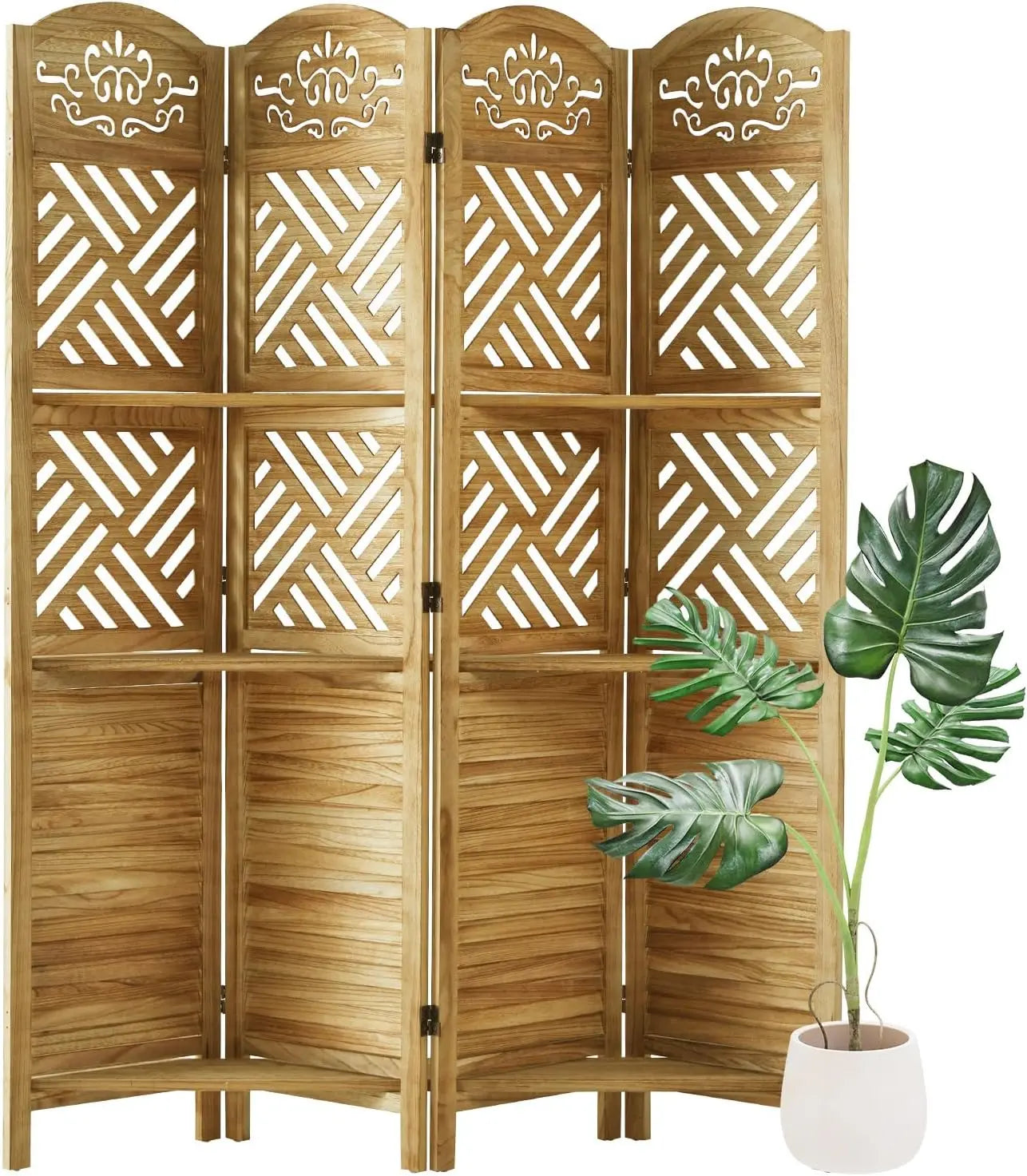 Room Divider with Shelves, 5.75ft Tall Folding Wood Carved Screen