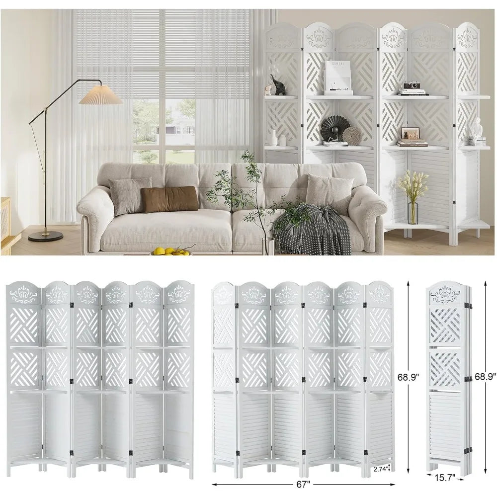 Room Divider with Shelves, 5.75ft Tall Folding Wood Carved Screen