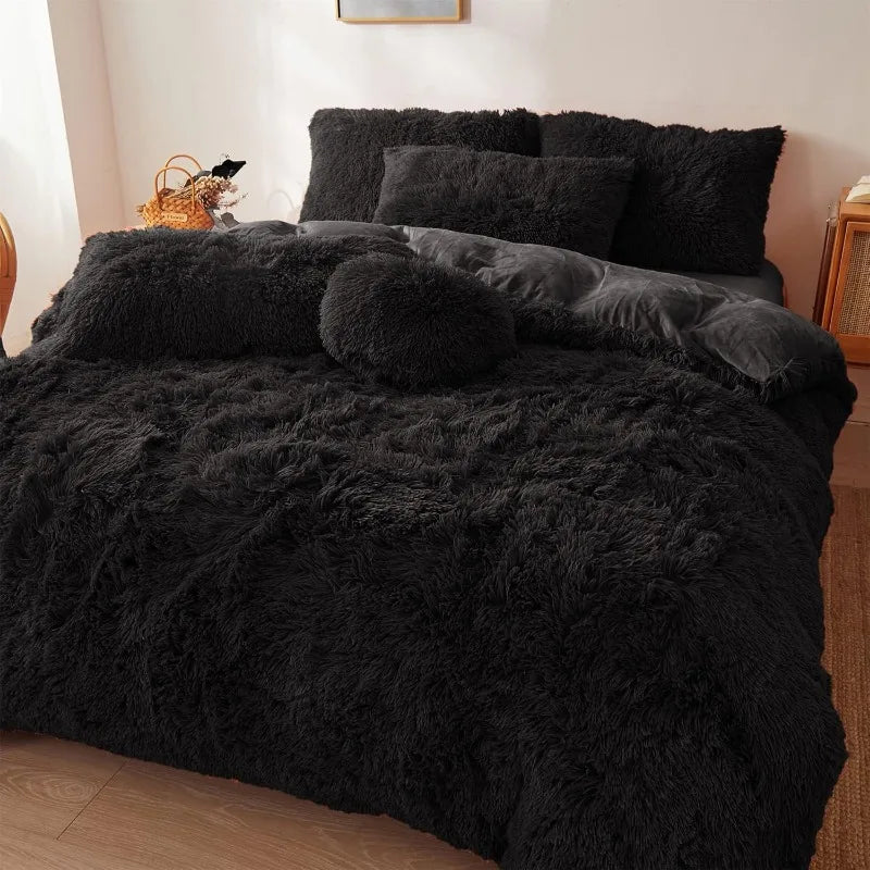Ultra Soft Black Faux Fur 3 Piece Queen Comforter Set - Plush Fluffy Bedding With Duvet Cover and 2 Pillowcases