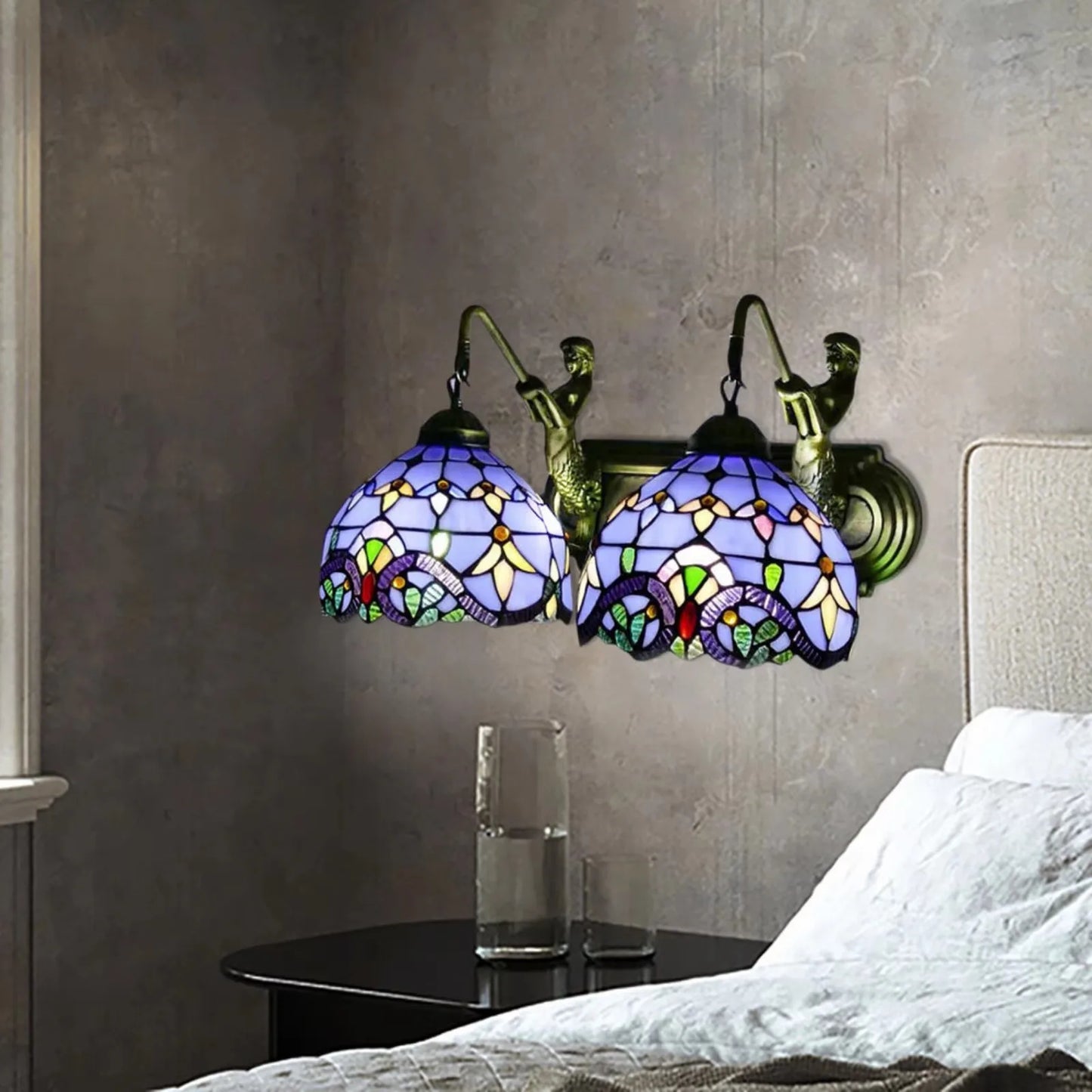 US Blue Tiffany Style Mermaid Stained Glass Wall Sconce