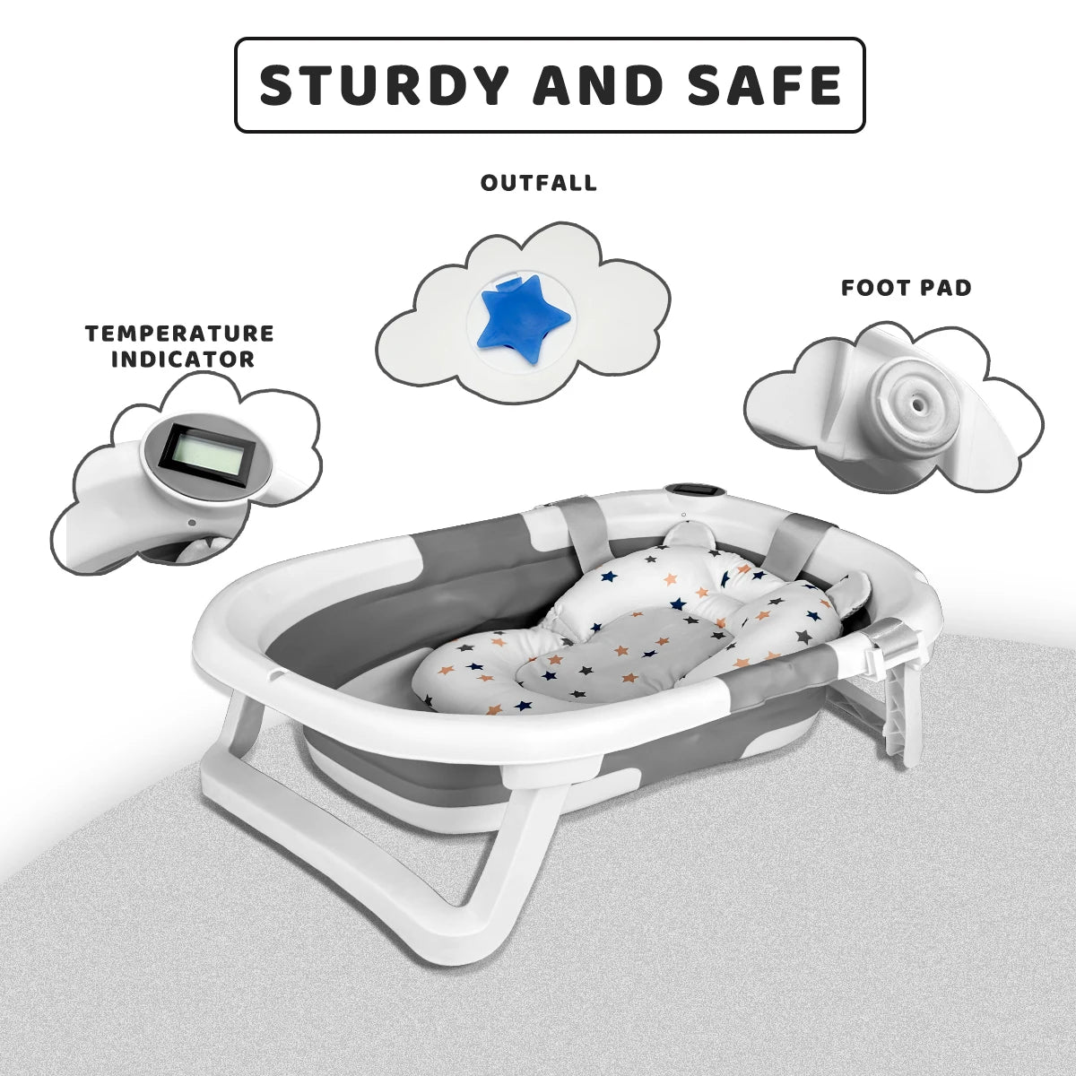 Foldable Baby Bathtub, Baby Bathtub With Soft Cushion And Thermometer