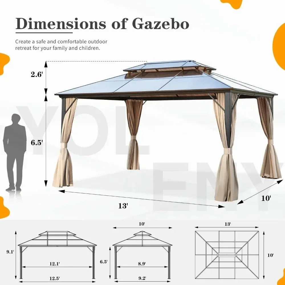 10 x 13 FT Outdoor Gazebo Polycarbonate Double Roof Canopy