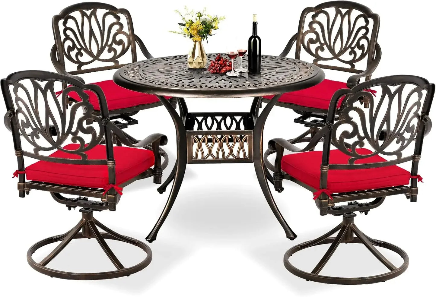 All-Weather Cast Aluminum Furniture Patio Conversation Set 4 Swivel Chairs and 35.4" Table w/Cushions