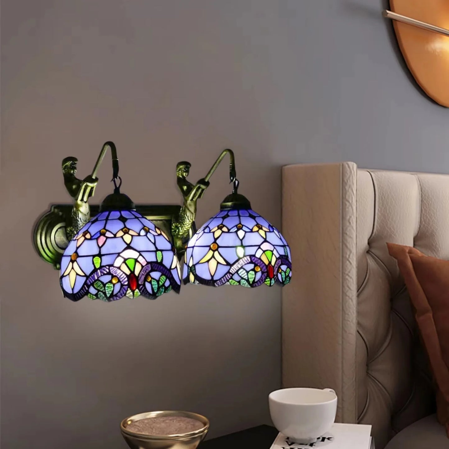 US Blue Tiffany Style Mermaid Stained Glass Wall Sconce
