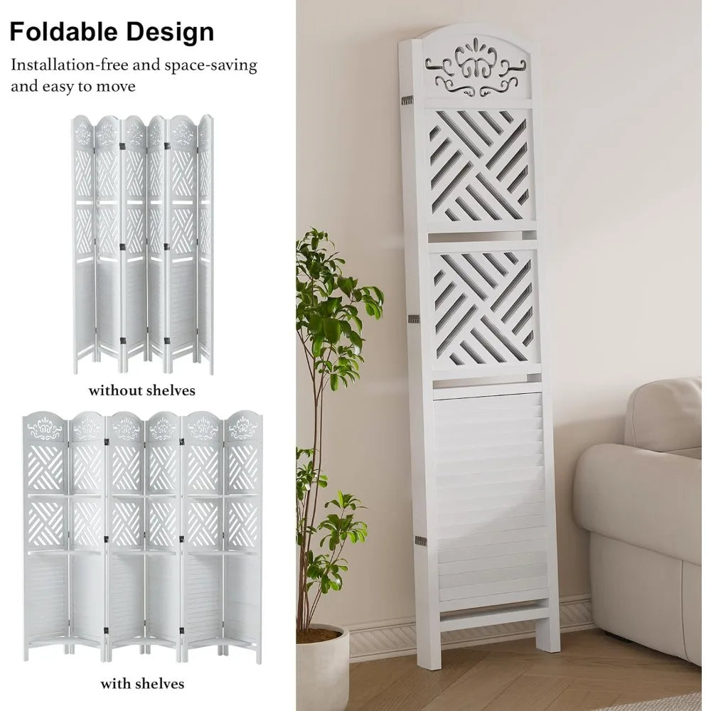 Room Divider with Shelves, 5.75ft Tall Folding Wood Carved Screen