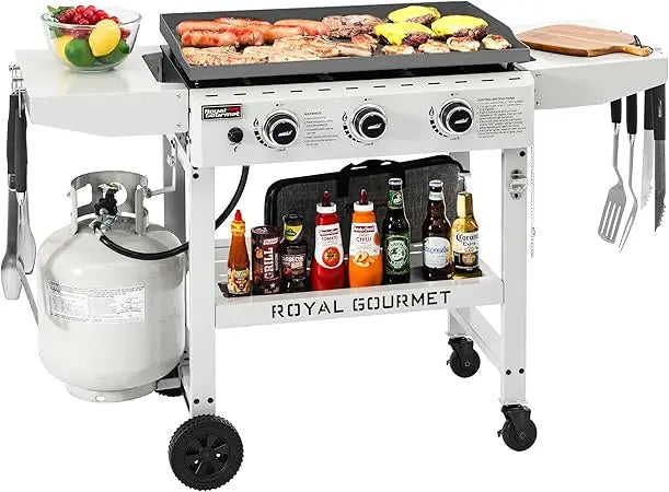 3-Burner Propane Gas Griddle with Foldable Side Tables, 28-Inch Flat Top Grill with 492 Sq. In.