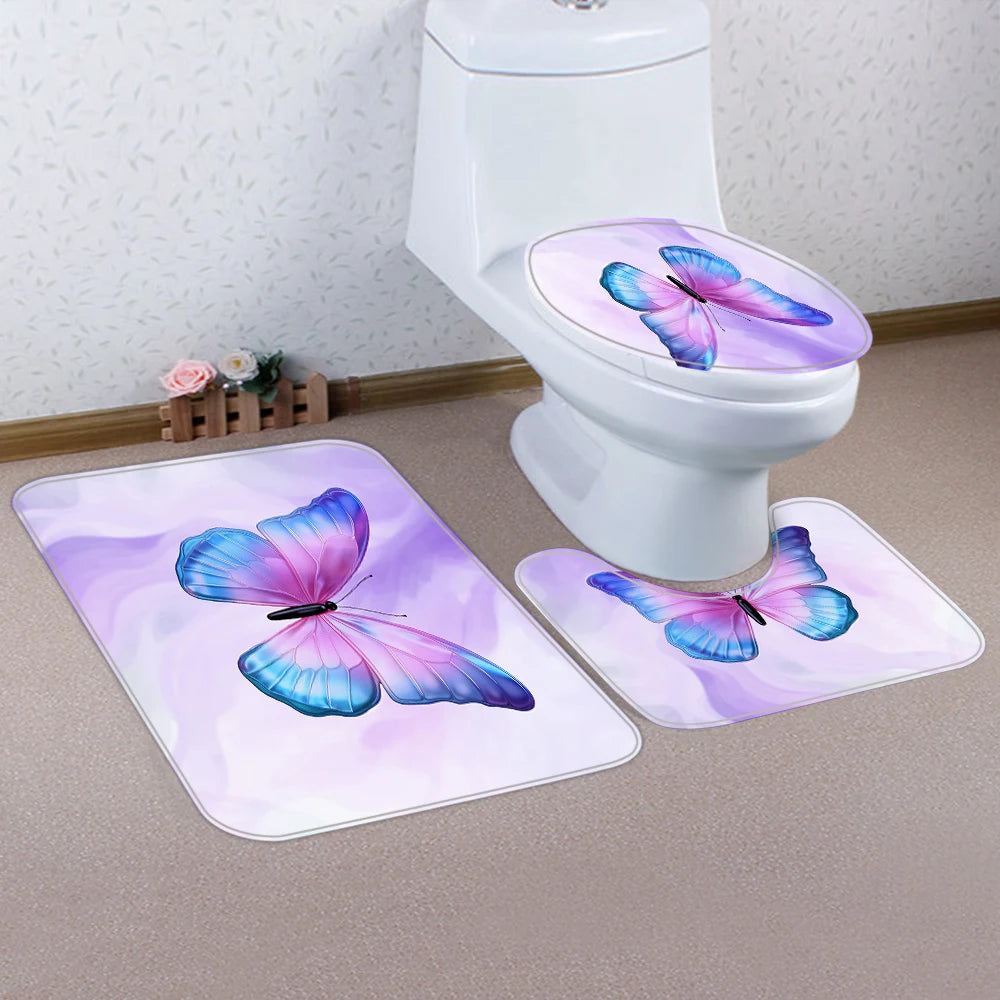 1/4 Pink Butterfly Circle shower Curtains, Toilet Seat Decoration, Shower Curtain with Carpet and Toilet Lid