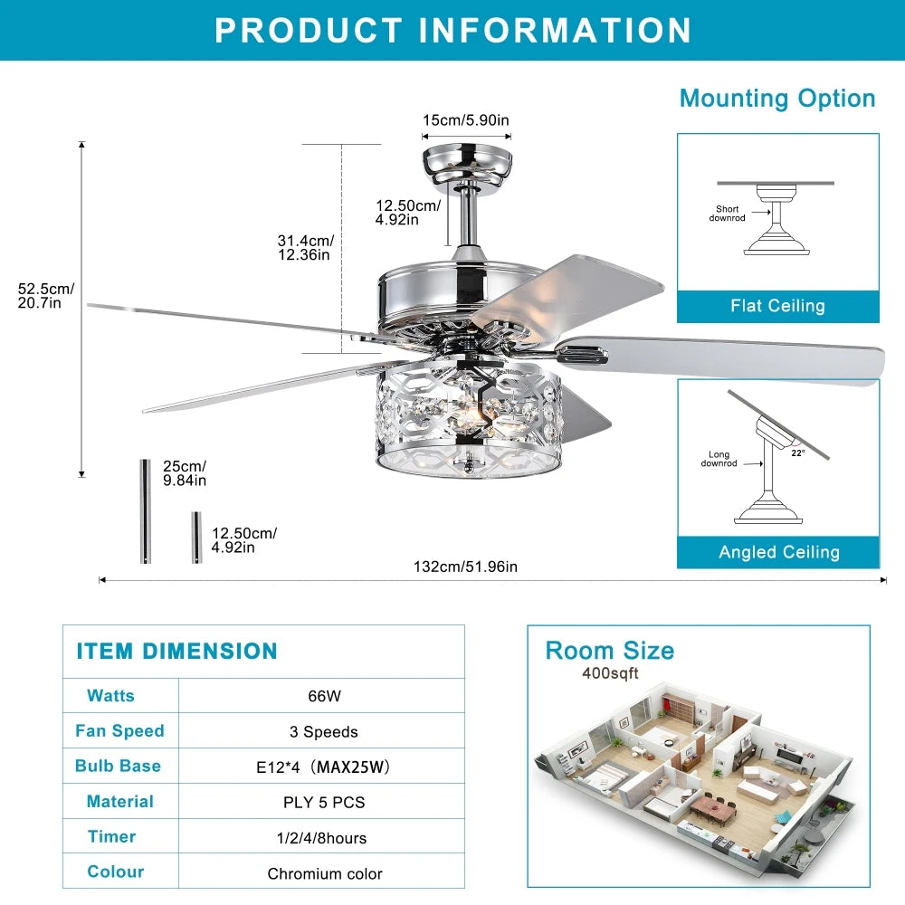 52 Inch Crystal Chandelier Fan Dual Finish Reversible Blades