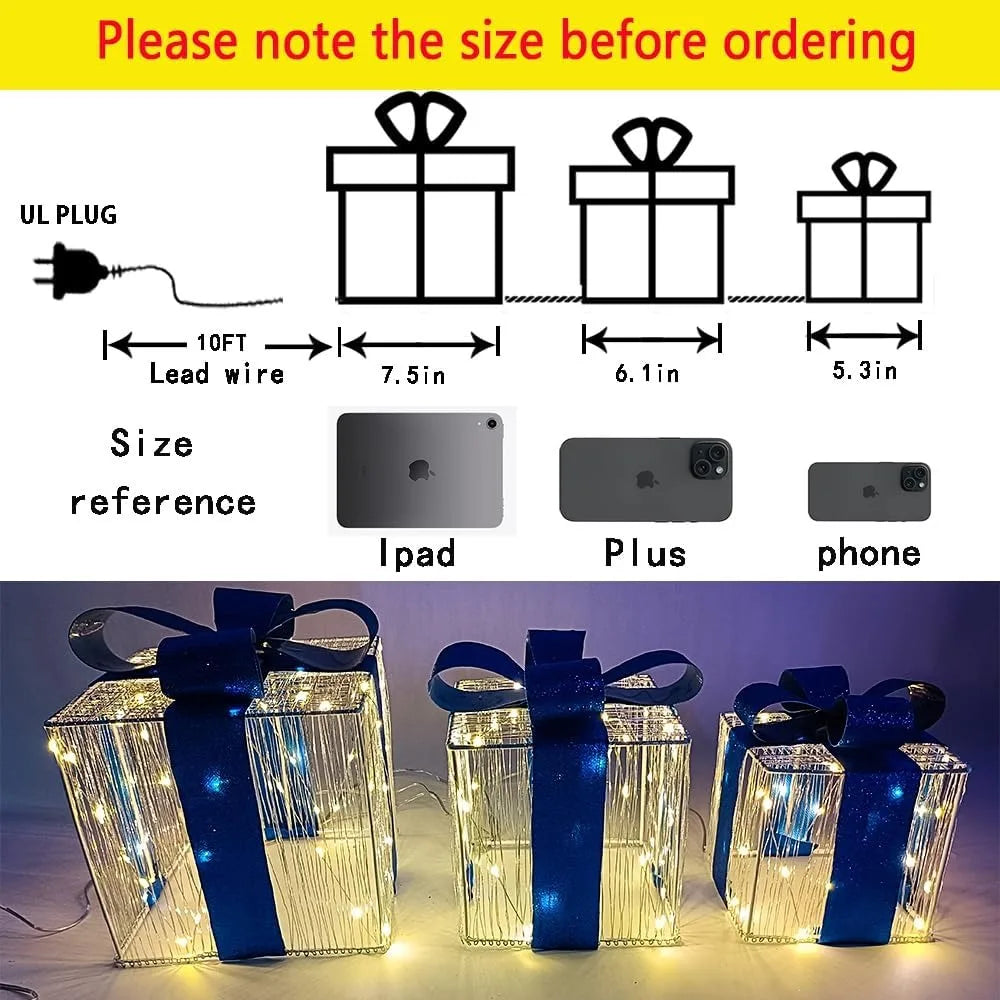 Set of 3 Christmas Lighted Gift Boxes 140 LED Light Up Xmas Present Ornament for Tree Indoor Outdoor Yard
