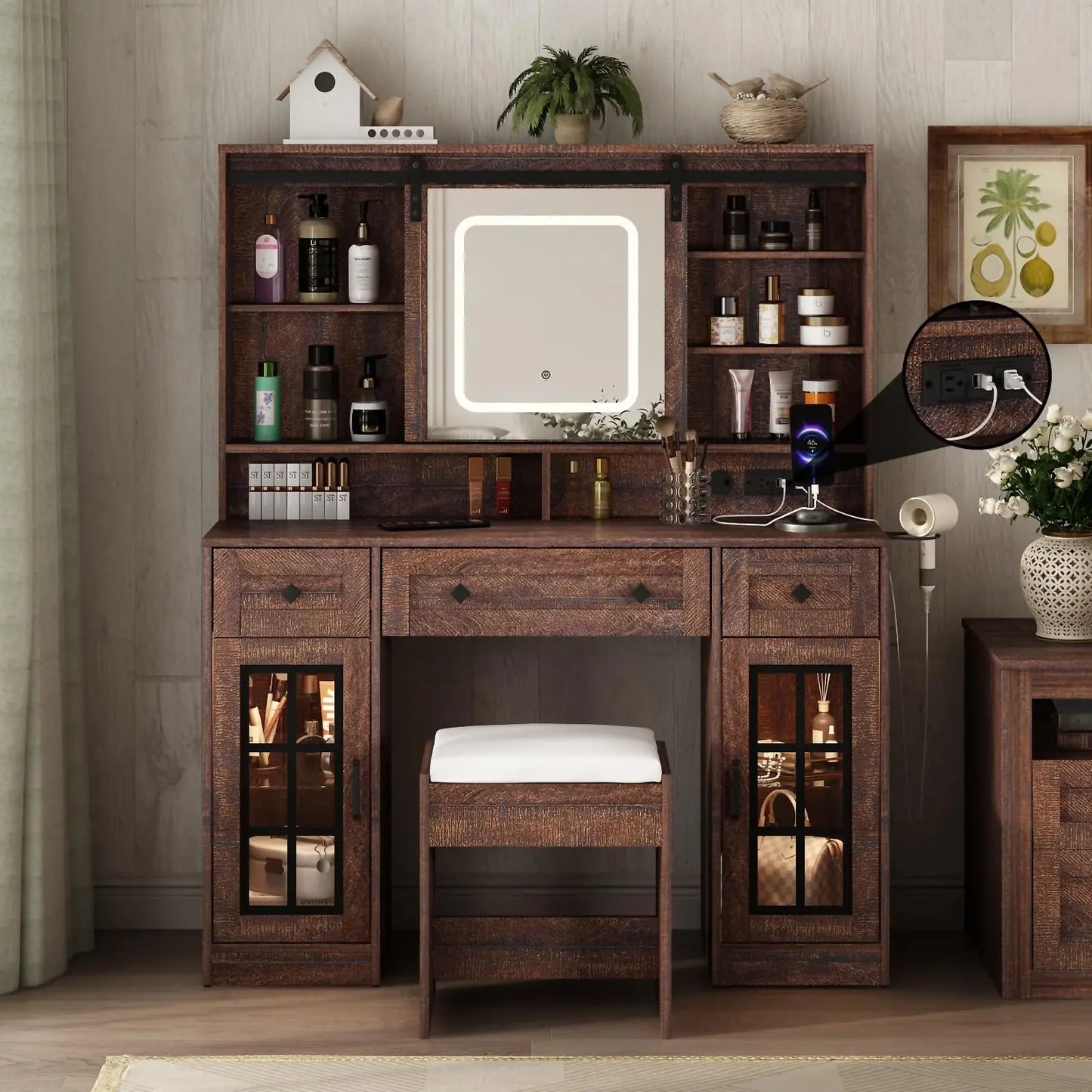 Vabches Vanity Makup Desk with Sliding Mirror&Lights Farmhouse Large Vanity Set for Bedroom Dressing Table with Charging Station