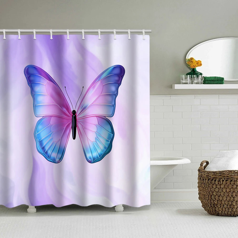 1/4 Pink Butterfly Circle shower Curtains, Toilet Seat Decoration, Shower Curtain with Carpet and Toilet Lid