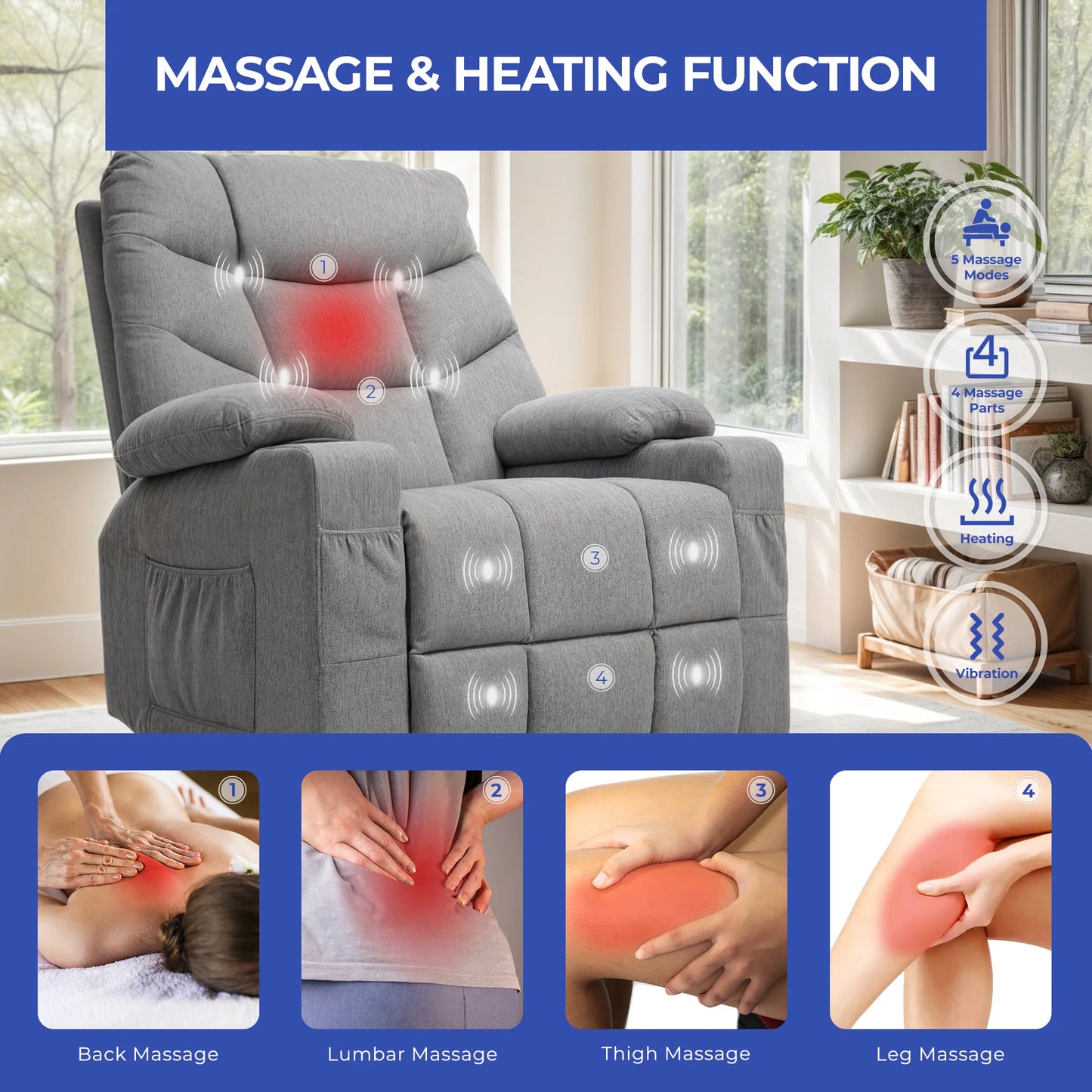 Uforic Electric Recliner Chair, Contemporary Fabric Recliner with Massage and Heat Function