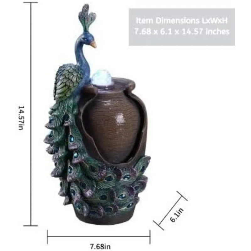 Tabletop Fountain Retro Jar Peacock with Glass Rotating Ball Desk Fountain