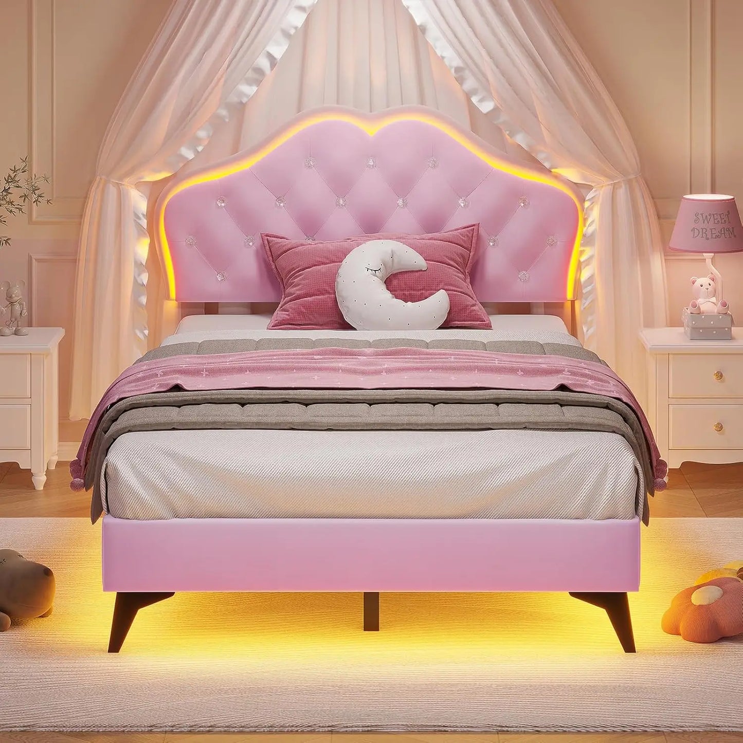Twin Size Upholstered LED Bed Frame, Girls Twin Bed Frame with Adjustable Crystal Button Headboard