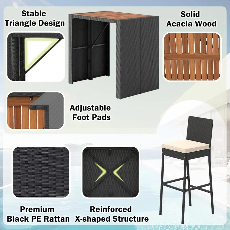 5-Piece Outdoor Bar Set - Wicker Rattan Bar Height Dining Table w/Acacia Wood Top & 4 Bar Stools Chairs w/Seat Cushions,
