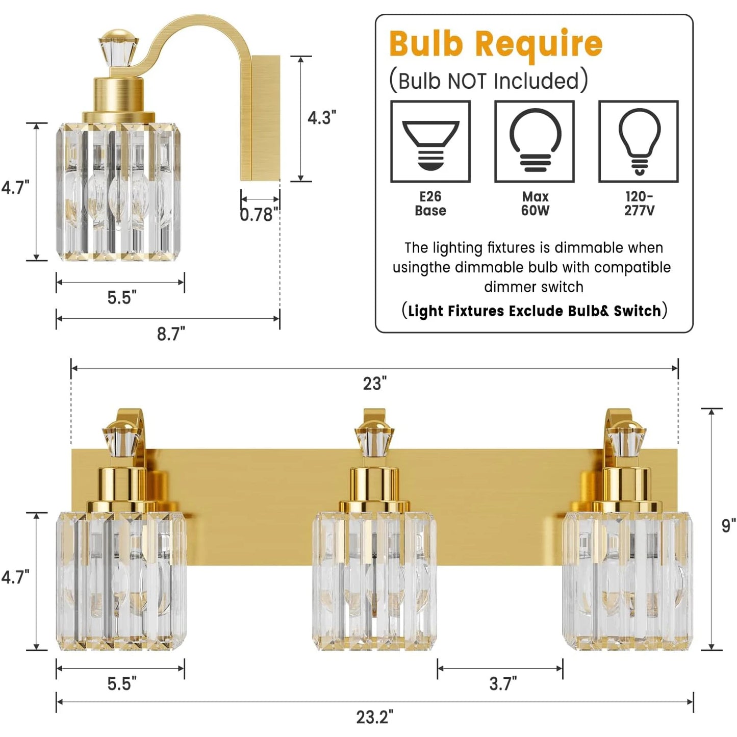 Gold Modern Crystal Vanity Light Fixtures Wall Sconces Wall Mounted Lamps