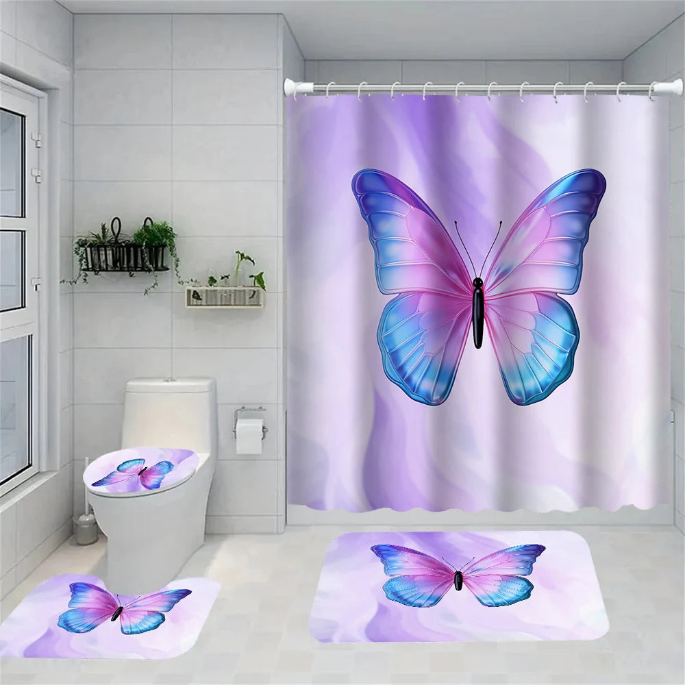 1/4 Pink Butterfly Circle shower Curtains, Toilet Seat Decoration, Shower Curtain with Carpet and Toilet Lid