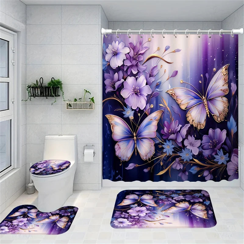 1/4pcs Purple Butterfly Floral Shower Curtain Set