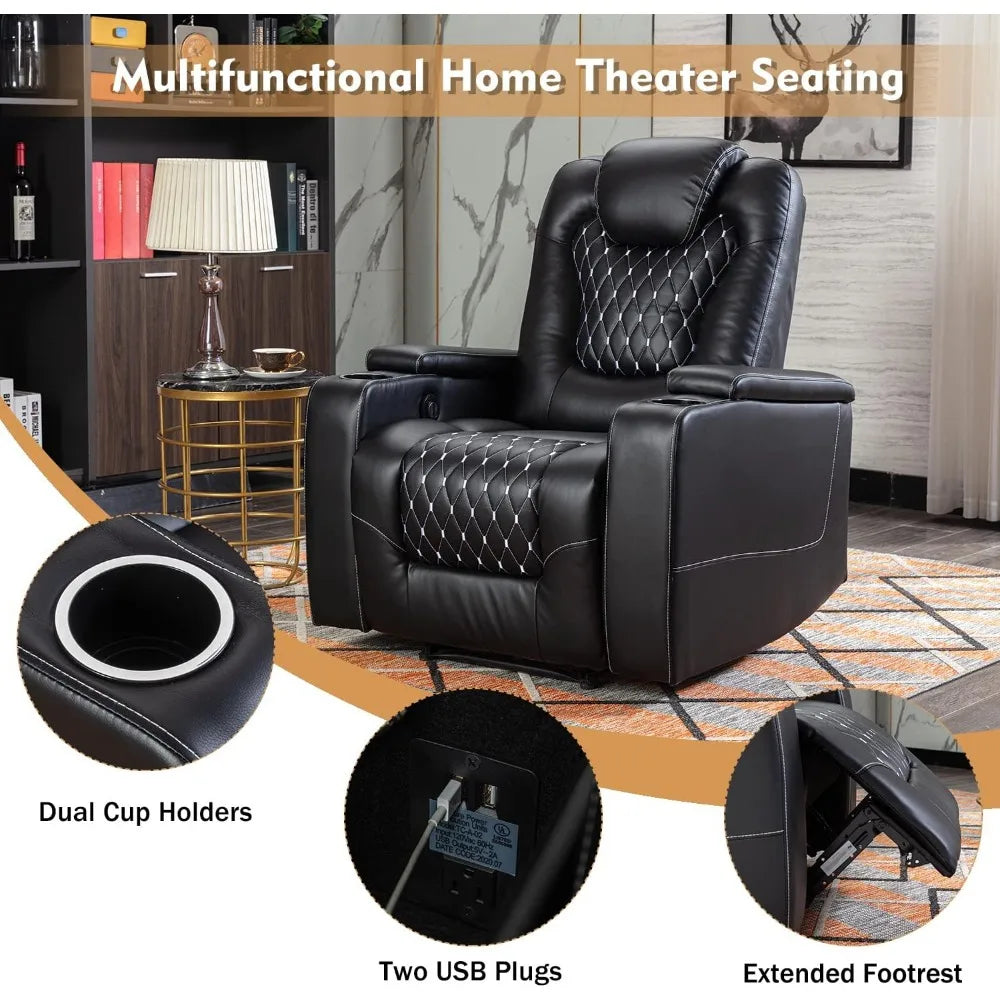 Power Recliner Chair with USB Ports and Cup Holders - Overstuffed Electric Home Theater Seating