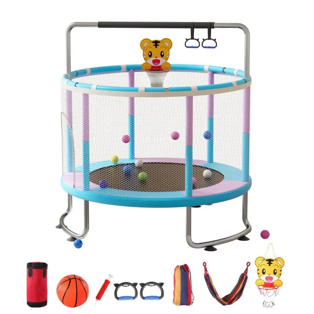 5FT Kids Trampoline, Adjustable Baby Toddler Trampoline with Basketball Hoop, Swing, Sandbag
