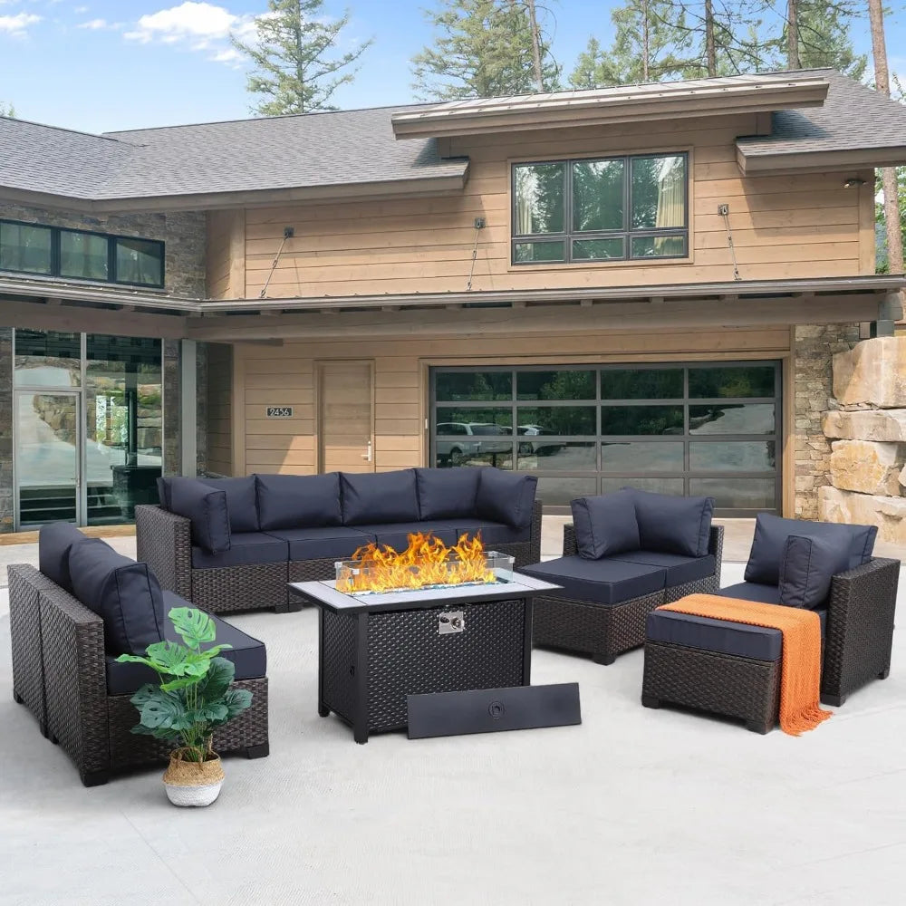 Outdoor Patio Furniture Set 11 Piece Dark Brown Rattan Sectional Sofa PE Wicker Conversation Chairs with 45" Propane Fire