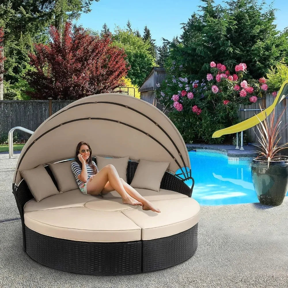Patio Furniture Round Daybed with Retractable Canopy