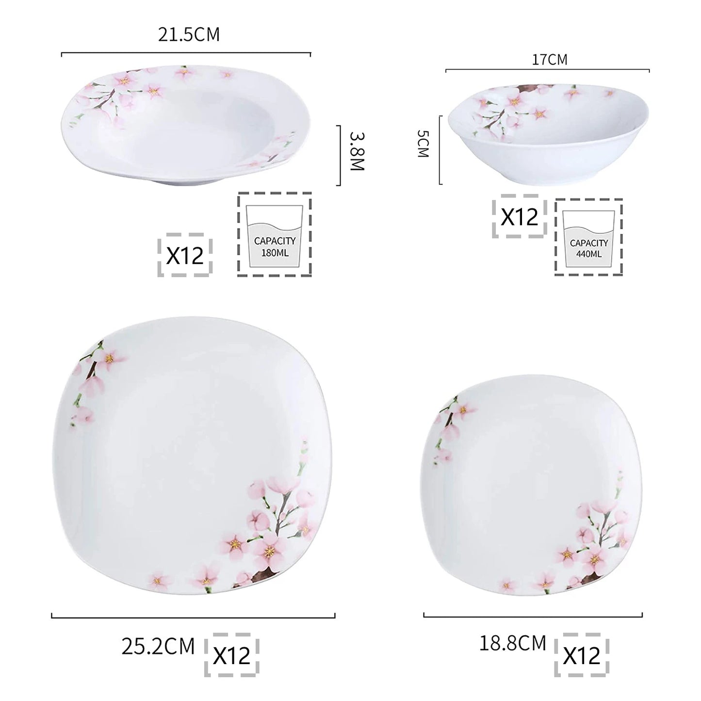 VEWEET ANNIE 48-Piece Porcelain Ceramic Tableware Dinner Plate Set with Bowl