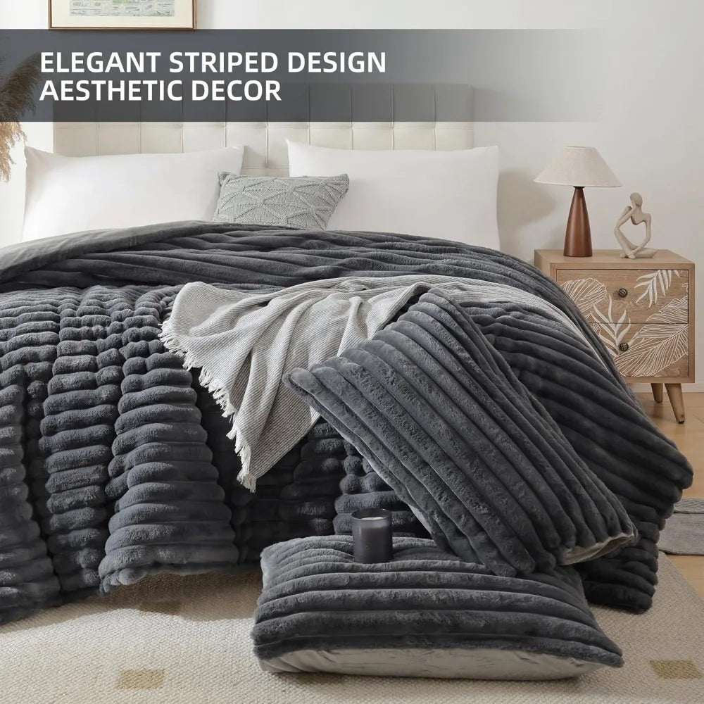 Smoofy Fluffy King Size Comforter Set 3 Pieces - Darkgrey Fleece Fluffy Comforter Set