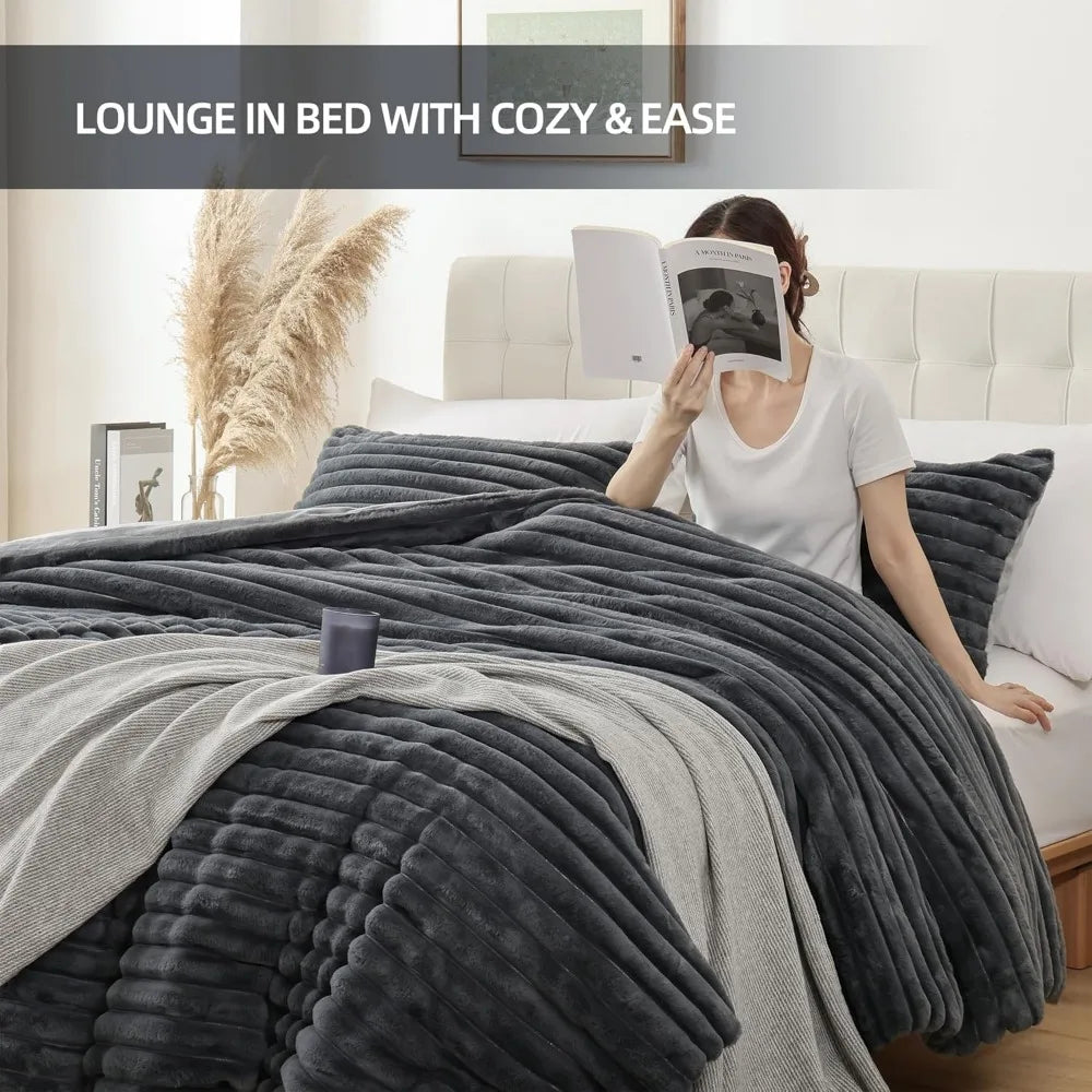 Smoofy Fluffy King Size Comforter Set 3 Pieces - Darkgrey Fleece Fluffy Comforter Set
