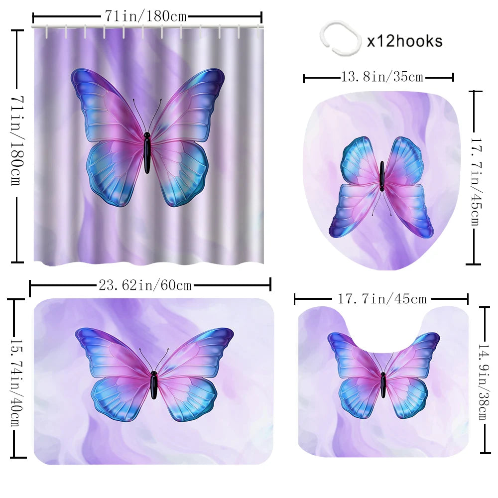 1/4 Pink Butterfly Circle shower Curtains, Toilet Seat Decoration, Shower Curtain with Carpet and Toilet Lid