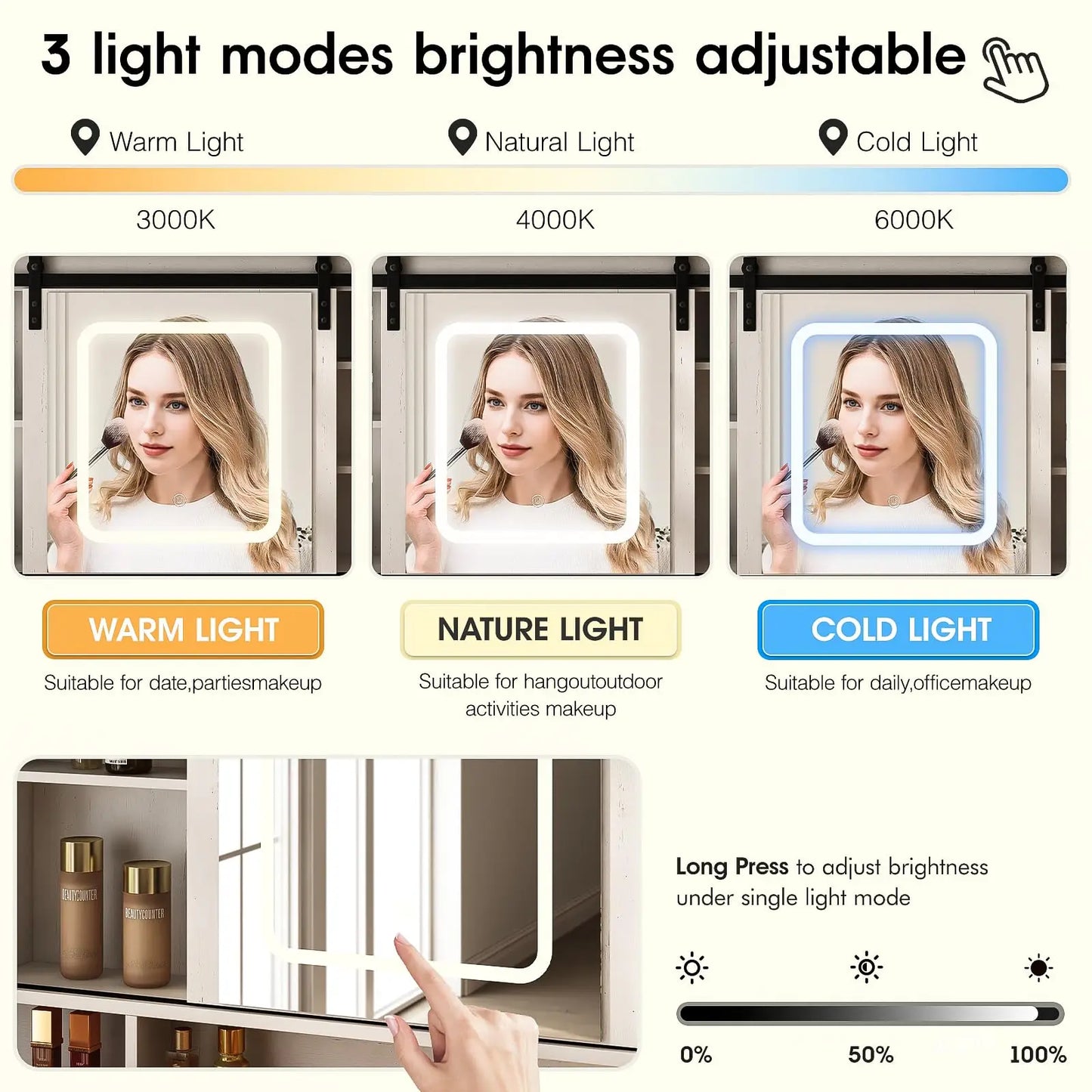 Vabches Vanity Makup Desk with Sliding Mirror&Lights Farmhouse Large Vanity Set for Bedroom Dressing Table with Charging Station