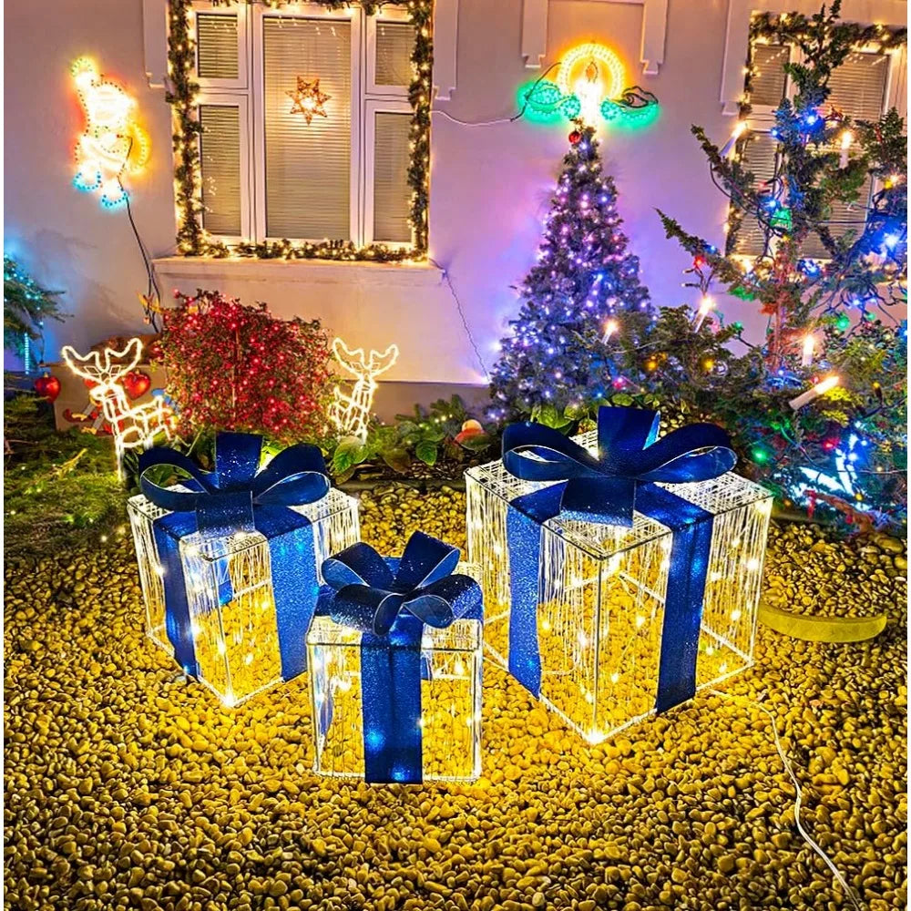 Set of 3 Christmas Lighted Gift Boxes 140 LED Light Up Xmas Present Ornament for Tree Indoor Outdoor Yard