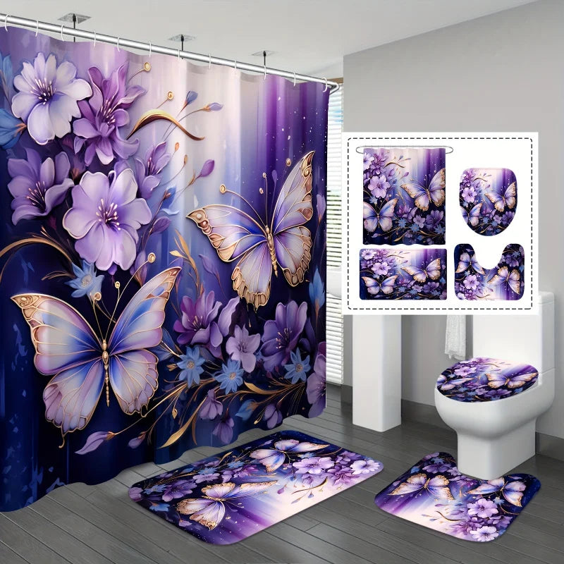 1/4pcs Purple Butterfly Floral Shower Curtain Set