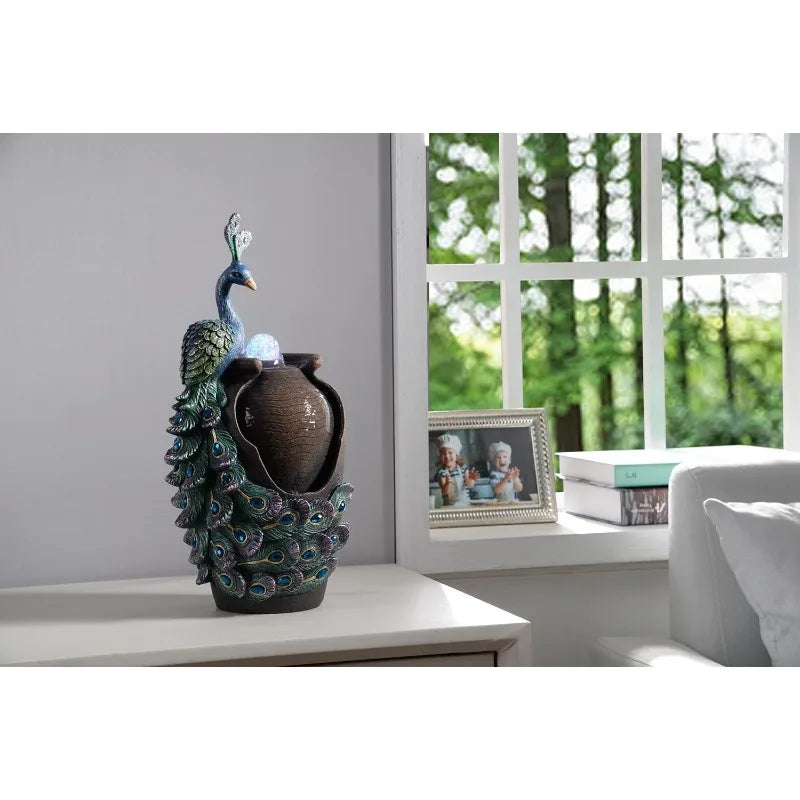 Tabletop Fountain Retro Jar Peacock with Glass Rotating Ball Desk Fountain