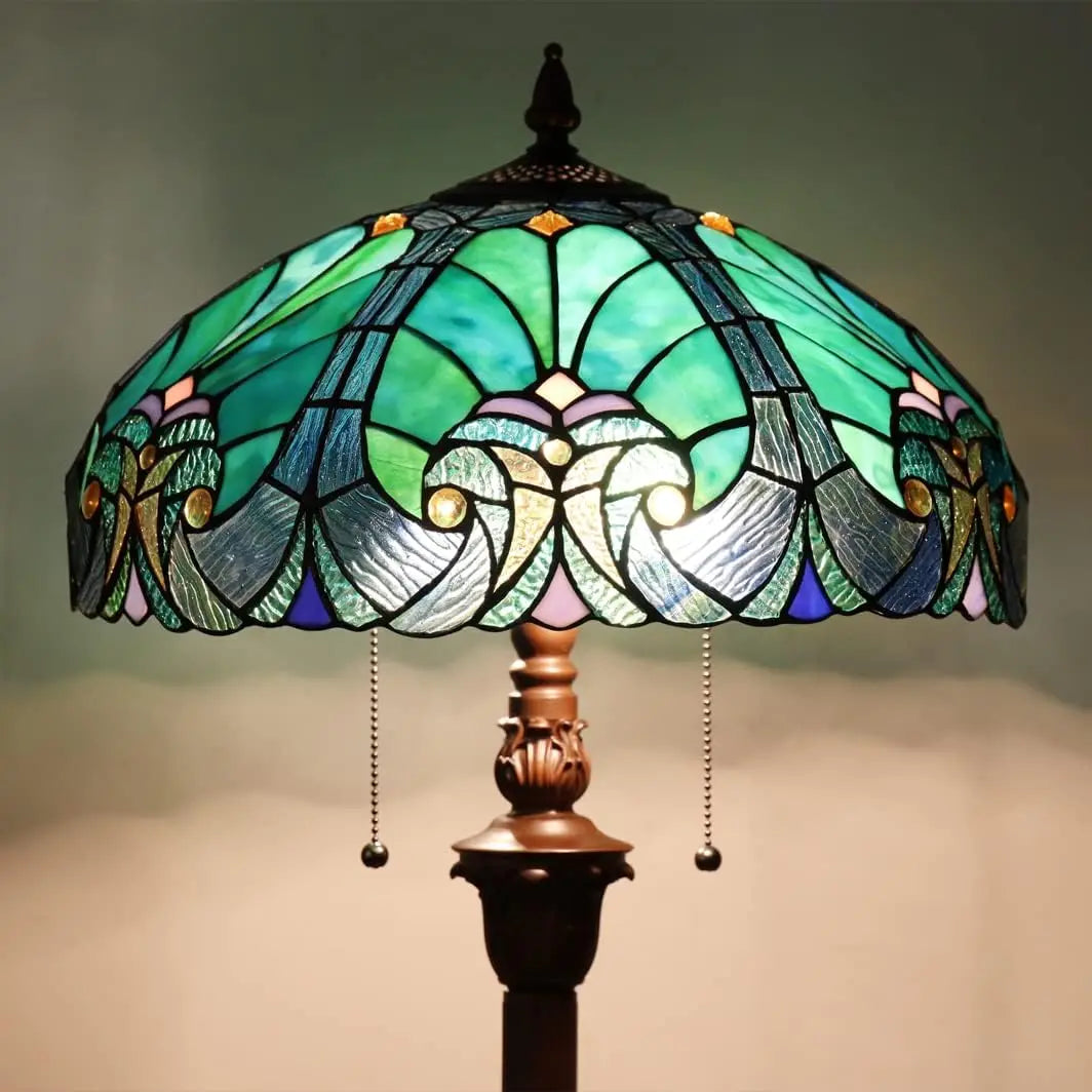 Tiffany Floor Lamp,Stained Glass Lamp Shade,Vintage Antique Style Standing Double Light For Living Room