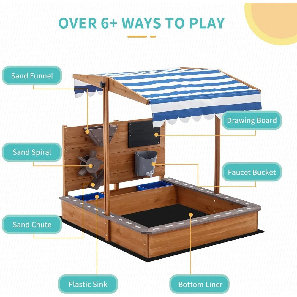 Kids Large Wooden SandBoxes with Roof, Outdoor Sand Box Play w/Canopy