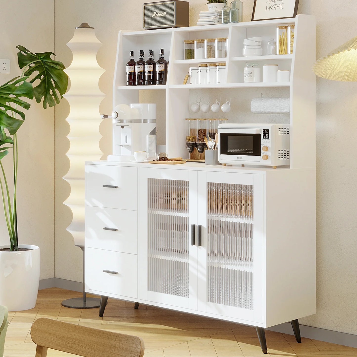 VOWNER Kitchen Hutch Storage Cabinet, Freestanding Kitchen Pantry with Glass Doors and 3 Drawers
