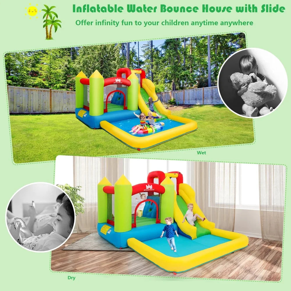 Inflatable Water Slide, Water Bounce House with Slide Wet Dry Combo for Kids Outdoor Fun