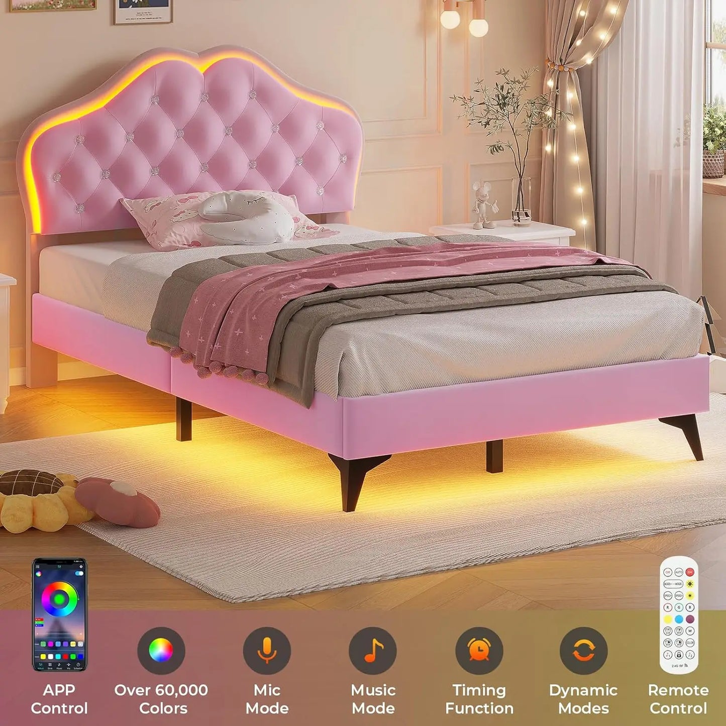 Twin Size Upholstered LED Bed Frame, Girls Twin Bed Frame with Adjustable Crystal Button Headboard