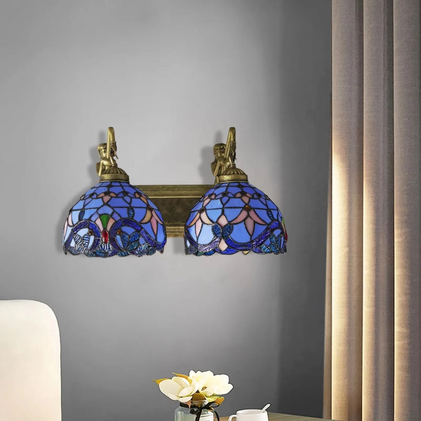 US Blue Tiffany Style Mermaid Stained Glass Wall Sconce
