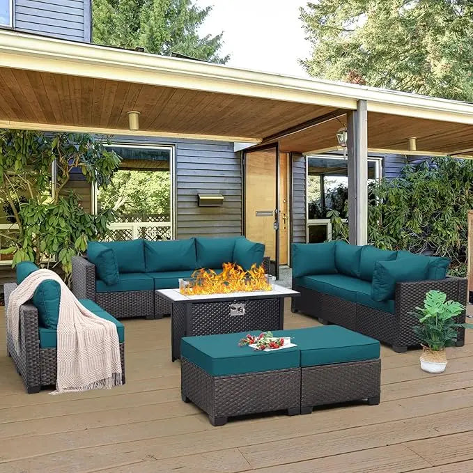 Outdoor Patio Furniture Set 11 Piece Dark Brown Rattan Sectional Sofa PE Wicker Conversation Chairs with 45" Propane Fire