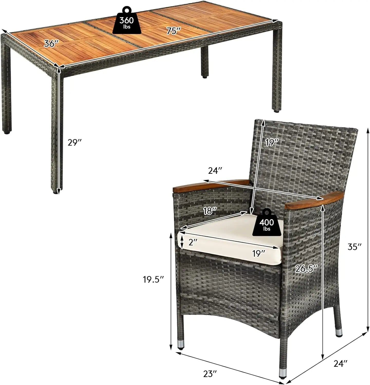 9 Pieces Patio Dining Set Garden Acacia Wood and Wicker Furniture Set with 1 Rectangular Table 8 Chairs with Cushions
