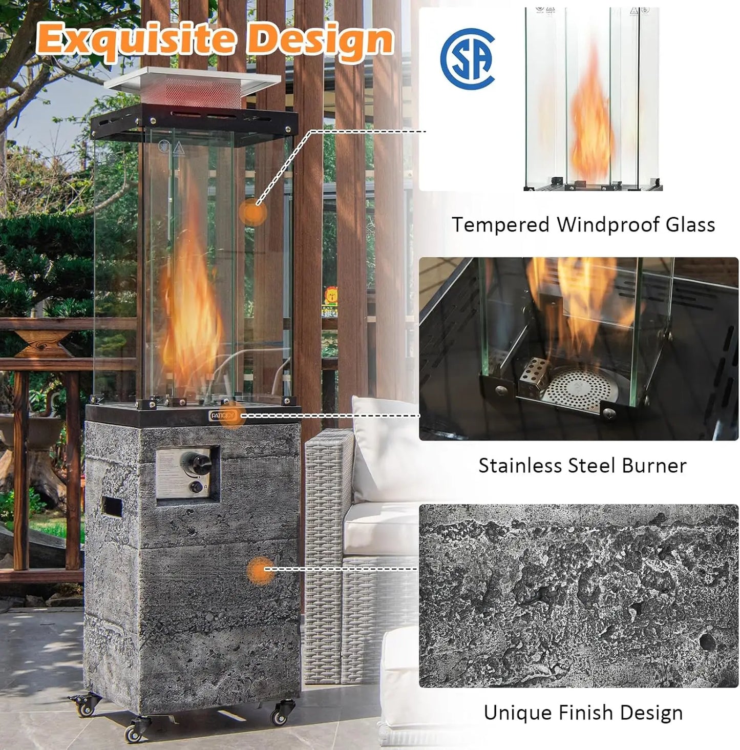 41,000 BTU Propane Patio Heater with Waterproof Cover, Outdoor Heater with Lockable Wheels