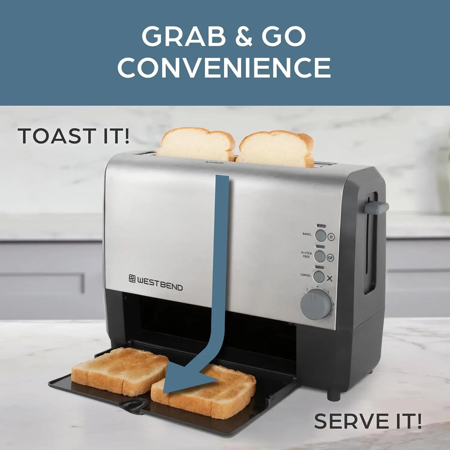 West Bend 77222 Toaster 2 Slice QuikServe Wide Slot Slide Through with Bagel