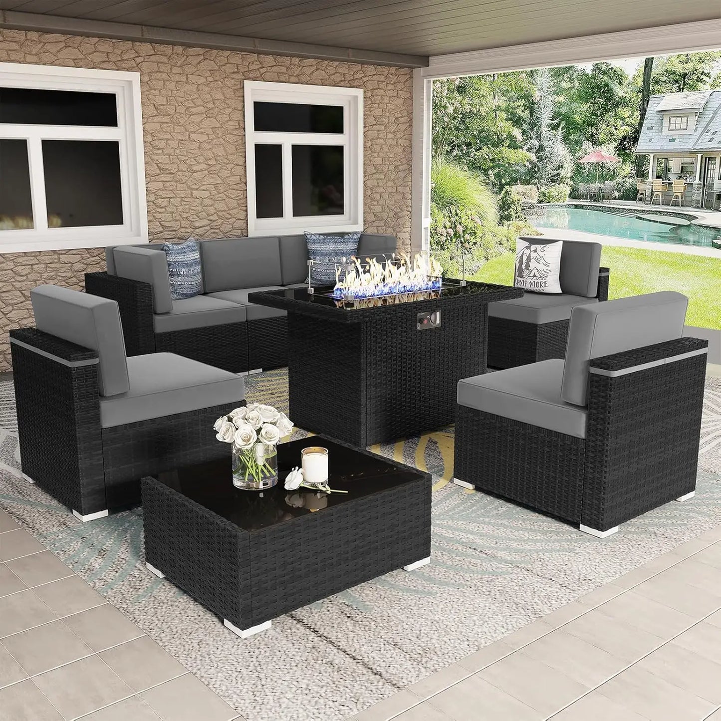 Patio Furniture Set  Fire Pit Table, Outdoor Sectional Wicker Conversation Sofa Sets