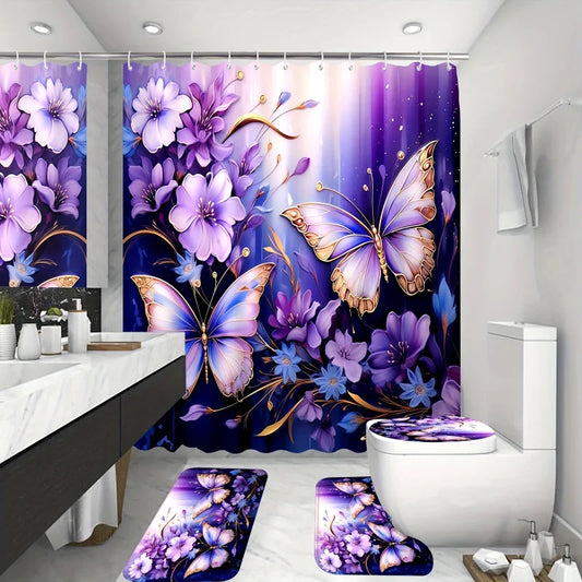 1/4pcs Purple Butterfly Floral Shower Curtain Set