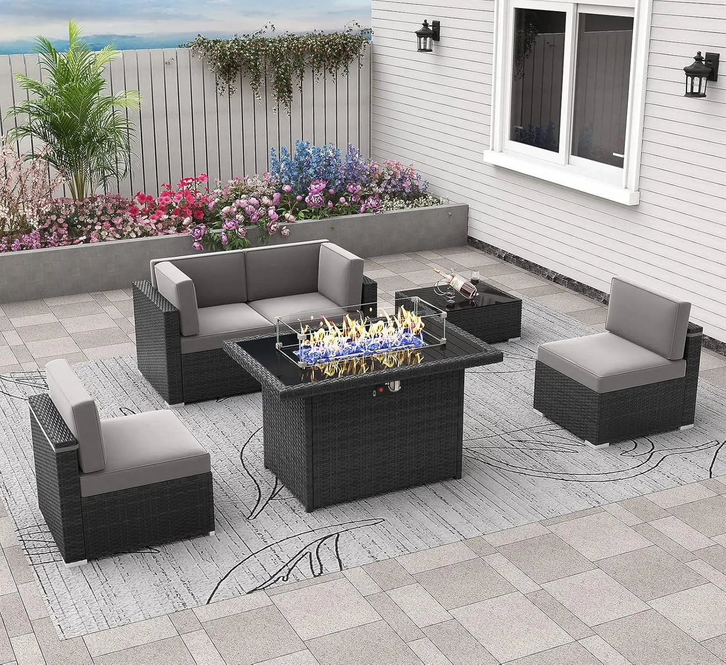 Patio Furniture Set  Fire Pit Table, Outdoor Sectional Wicker Conversation Sofa Sets